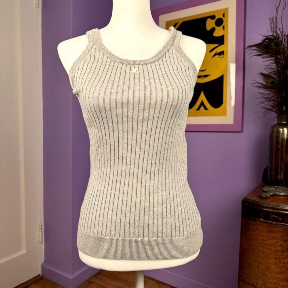 Courrèges Silver Knit Sleeveless Tank Top w/Embroidered logo Size 2